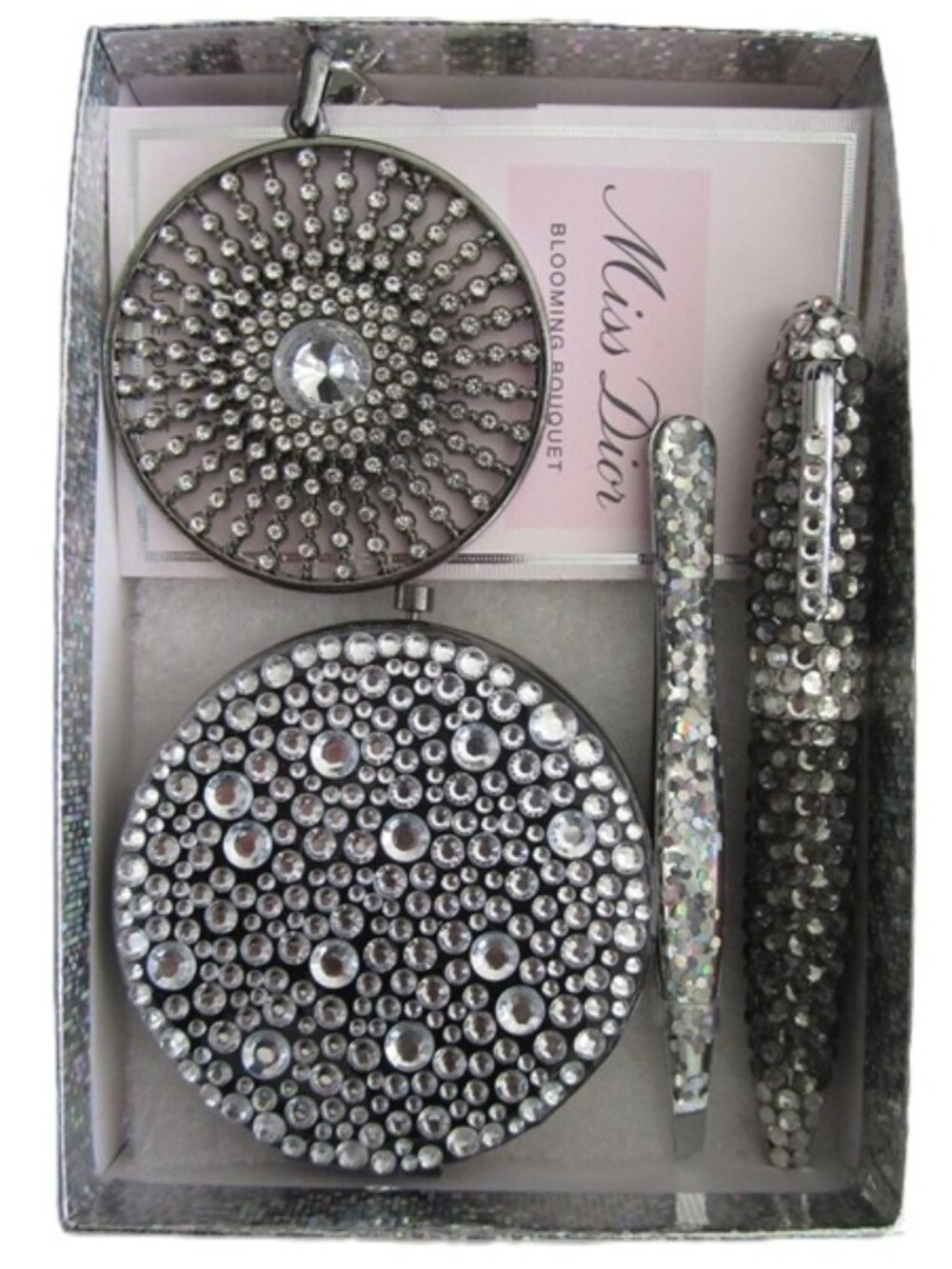Purse Set Crystal Mirror Pen Keychain Tweezers & Miss Dior Blooming Bouquet NEW